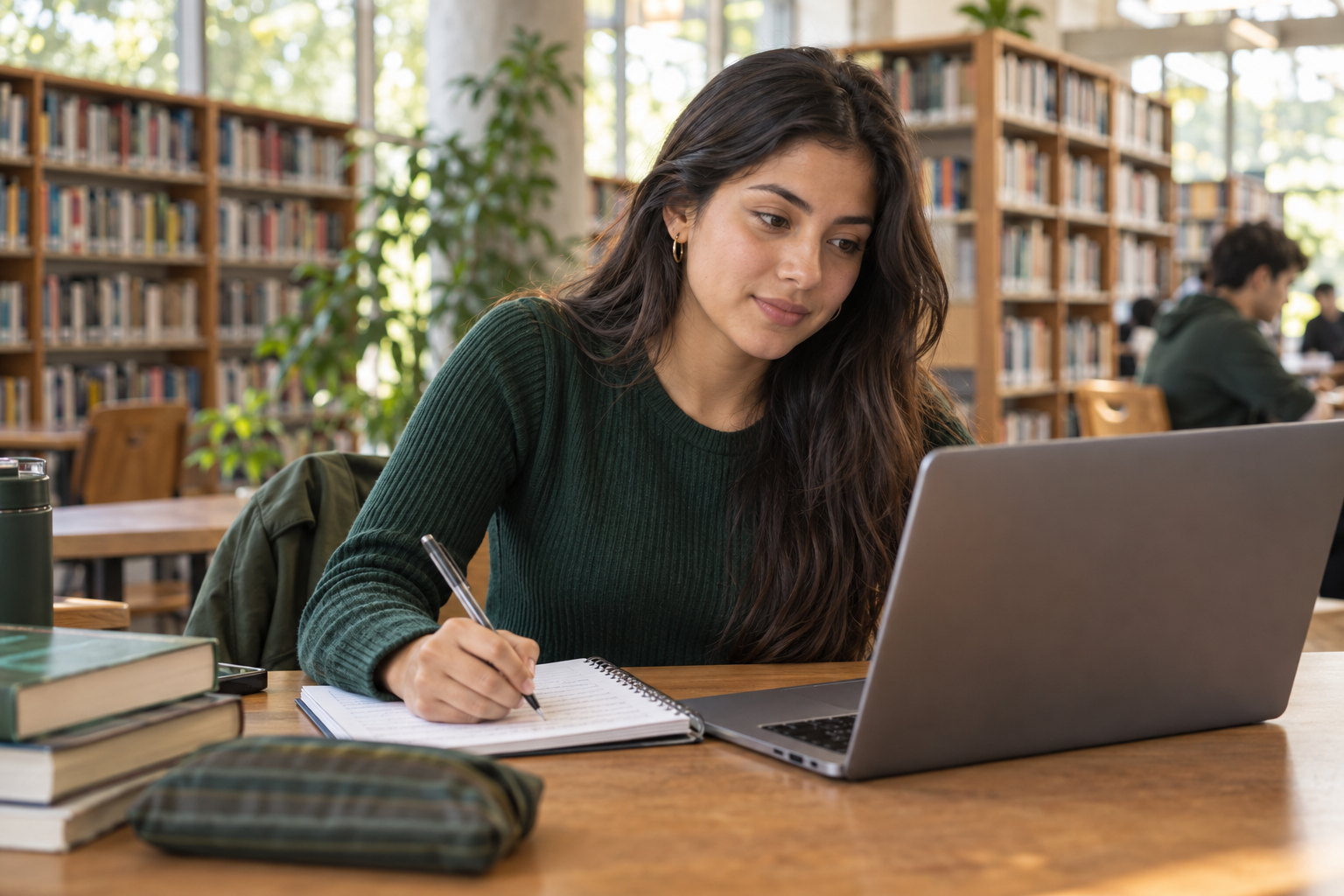 Una joven estudia con su computador y toma apuntes